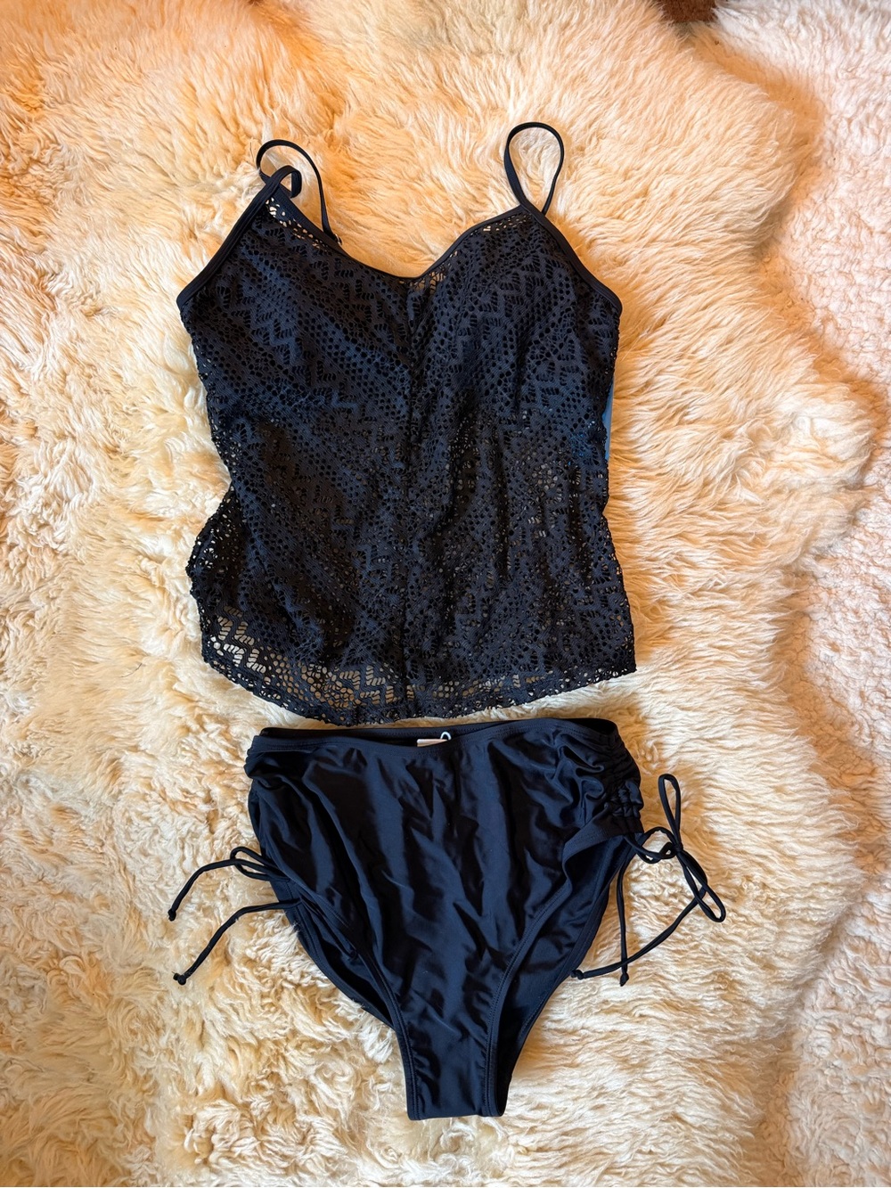 Cupshe Black Lace Overlay Tankini with Tie-Side Bikini Bottoms